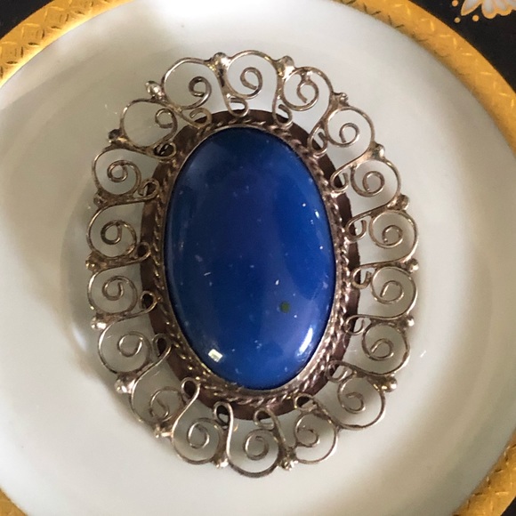 Large Vintage Blue Lapis Sterling Silver Brooch Pendant - Picture 1 of 10